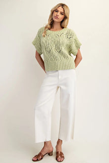 Short Sleeve Cable Sweater in Pistachio (REG)
