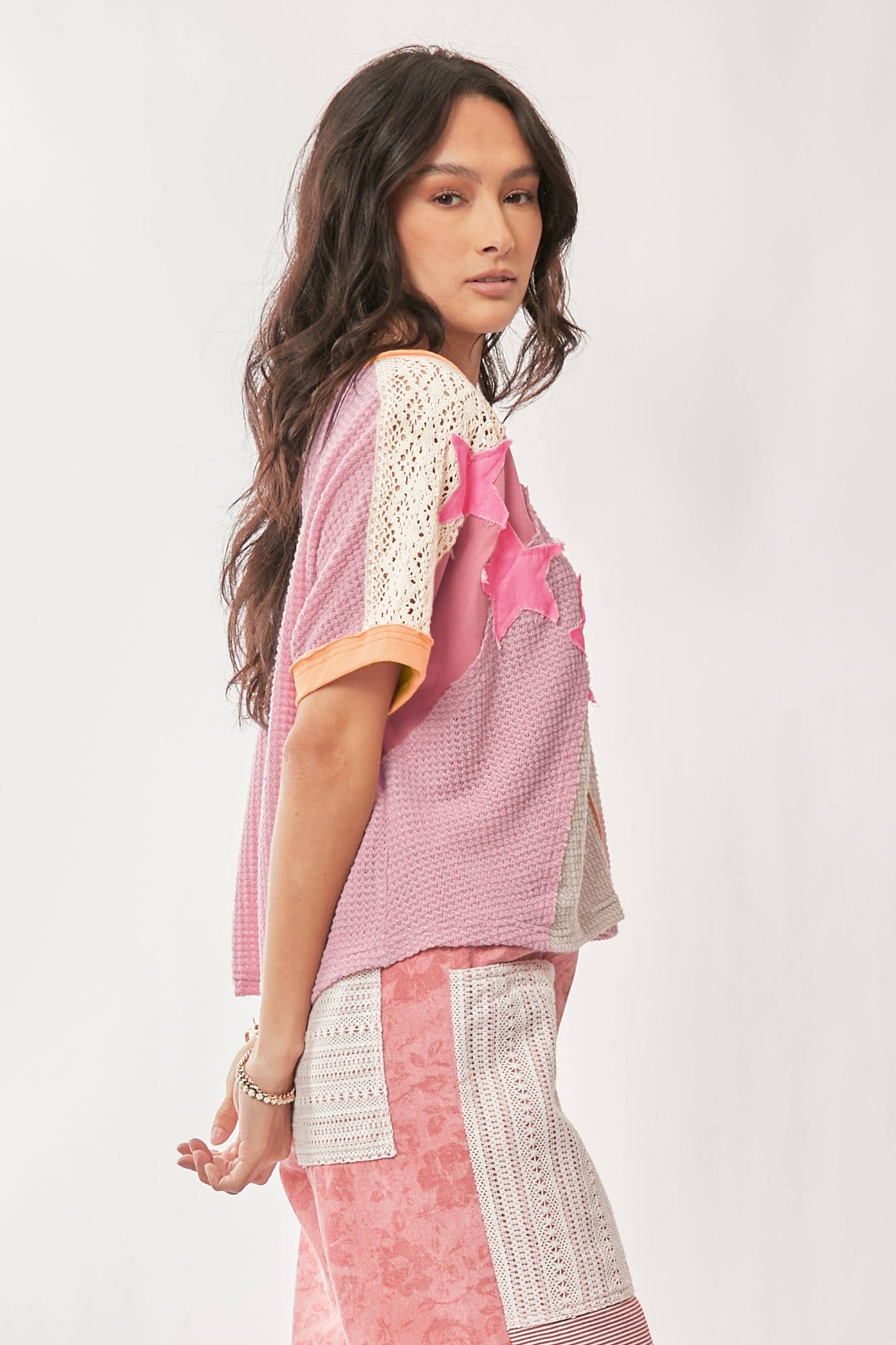 Patchwork Star V-Neck Top in Pink (REG)