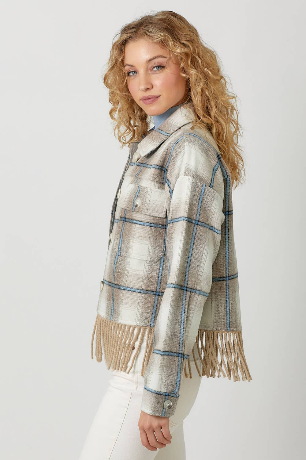 Fringe Plaid Jacket in Almond (REG)
