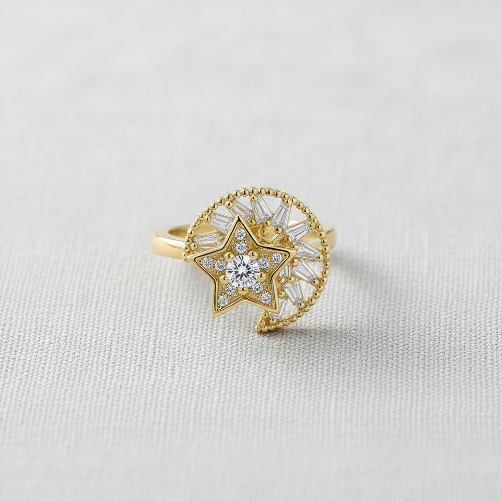 Moon and Star Rhinestone Ring