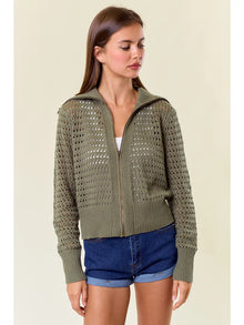 Pointelle Zip Up Jacket in Olive (REG)