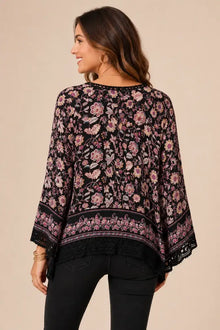 Black Crochet Trim Floral Top (REG)