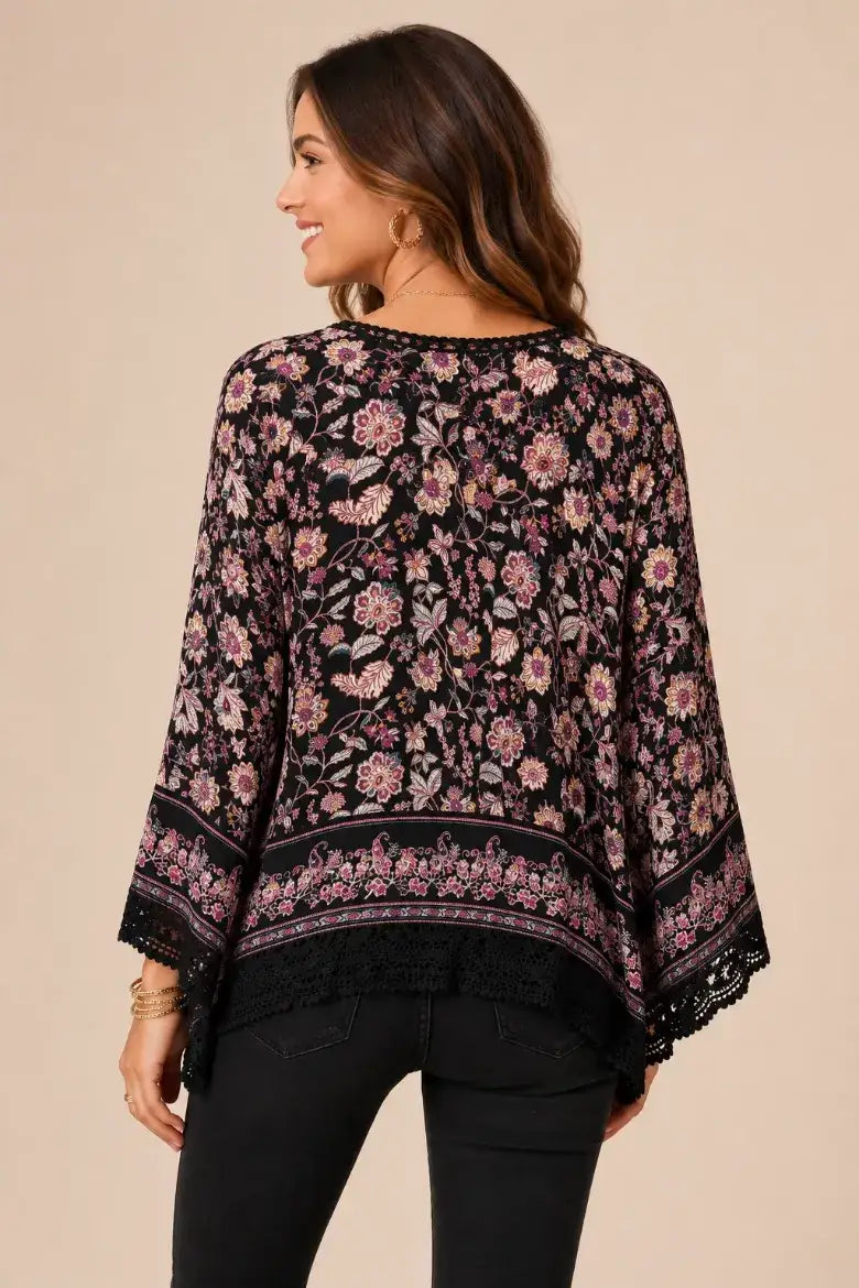 Black Crochet Trim Floral Top (REG)