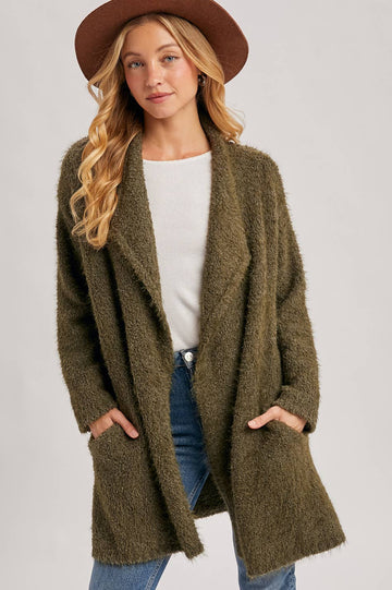 Fuzzy Drape Front Cardigan in Olive (REG)