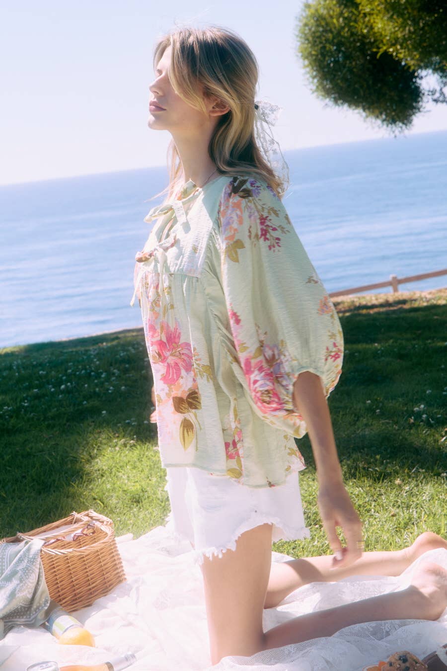 Tie Front Floral Top in Sage (REG)