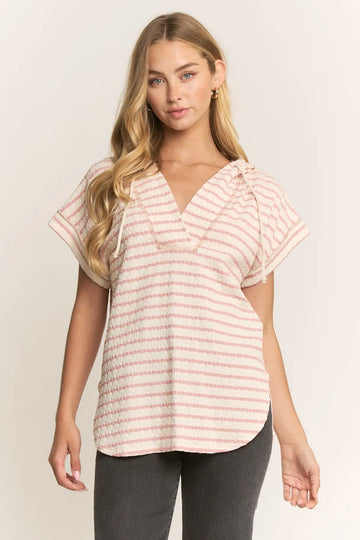 Textured Striped Hoodie Top in Rose (REG/PLUS)