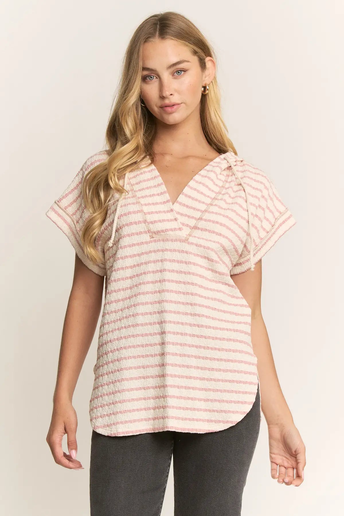 Textured Striped Hoodie Top in Rose (REG/PLUS)