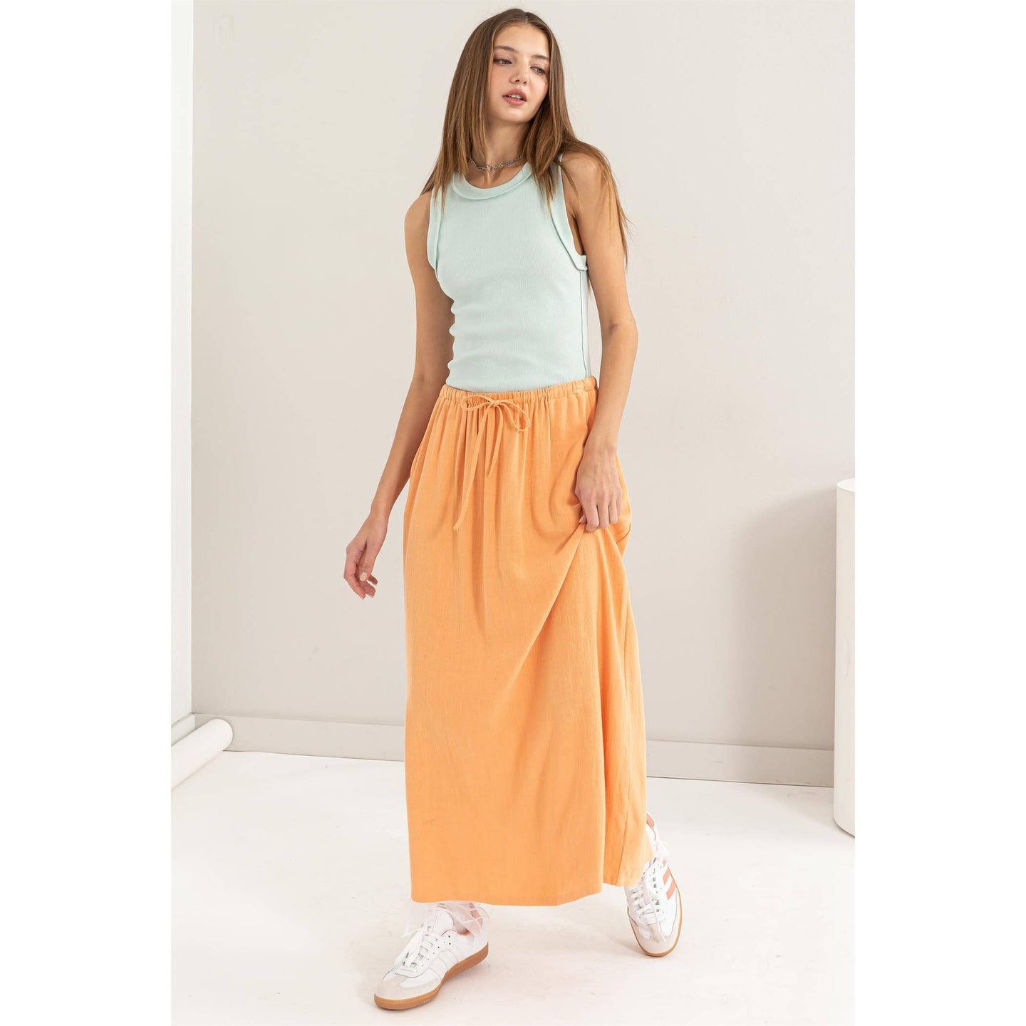 Orange Drawstring Linen Midi Skirt (REG)