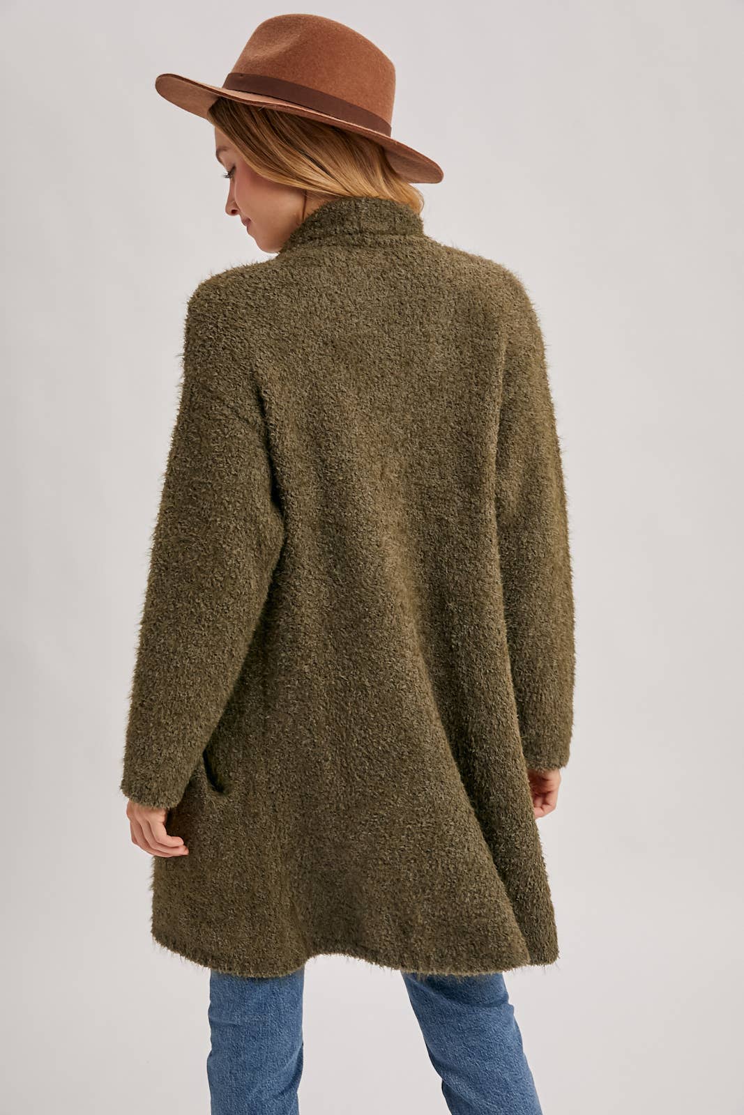 Fuzzy Drape Front Cardigan in Olive (REG)