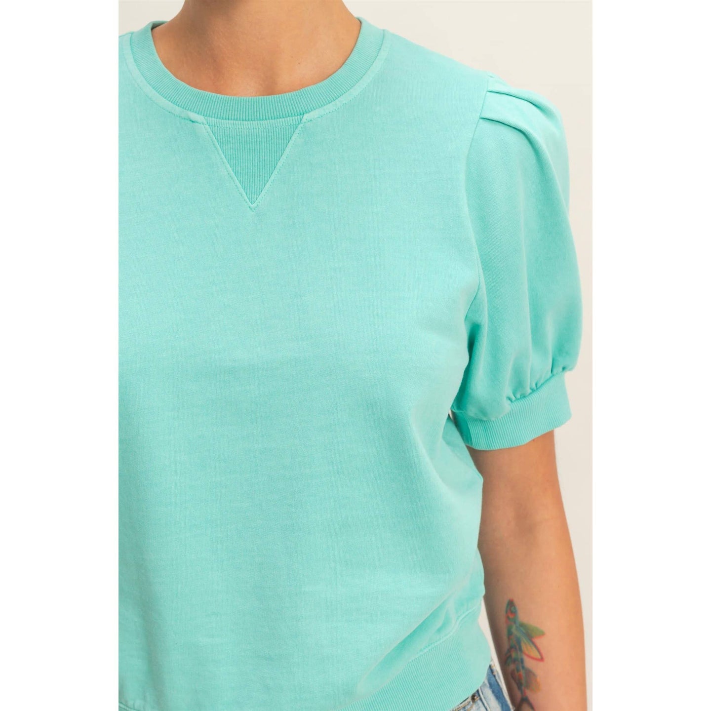 Turquoise Puff Sleeve V-Stitch Top (REG)