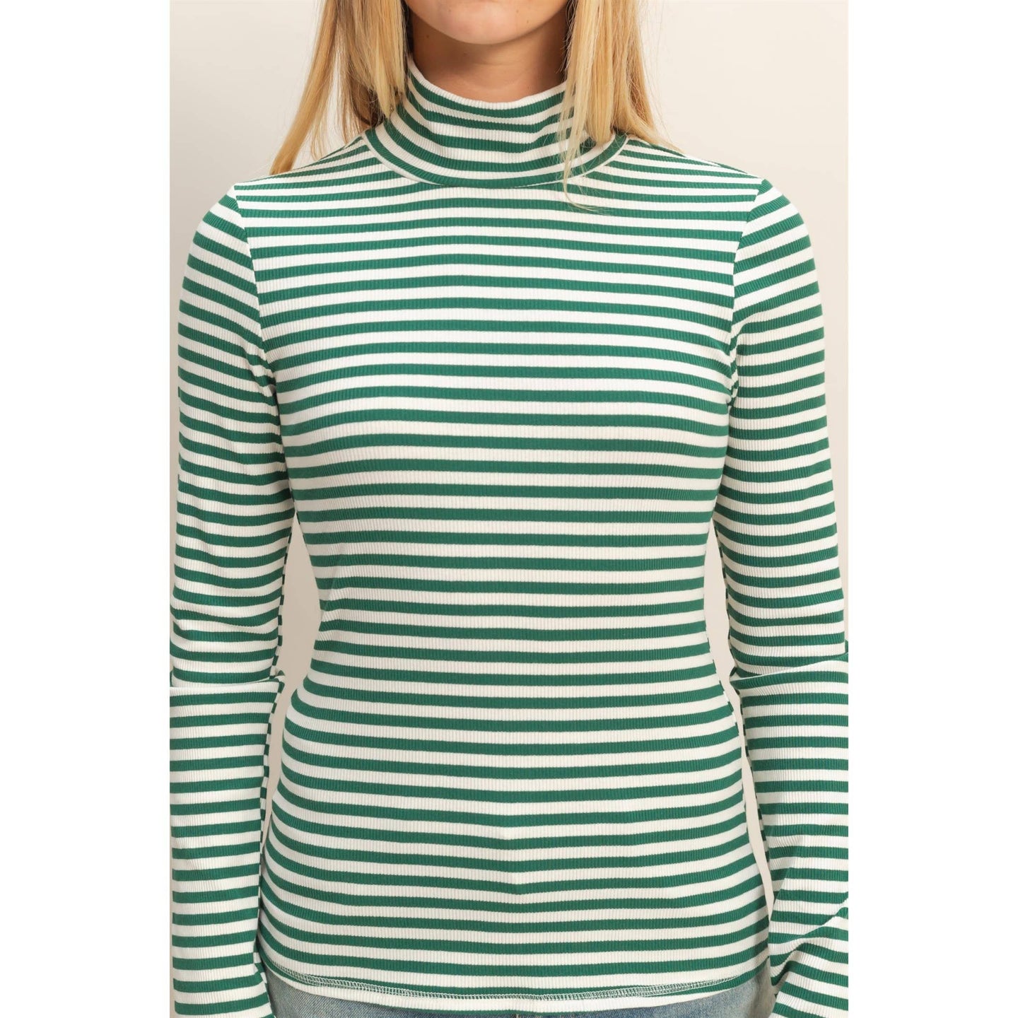 Striped Turtleneck Fitted Top in Green (REG)