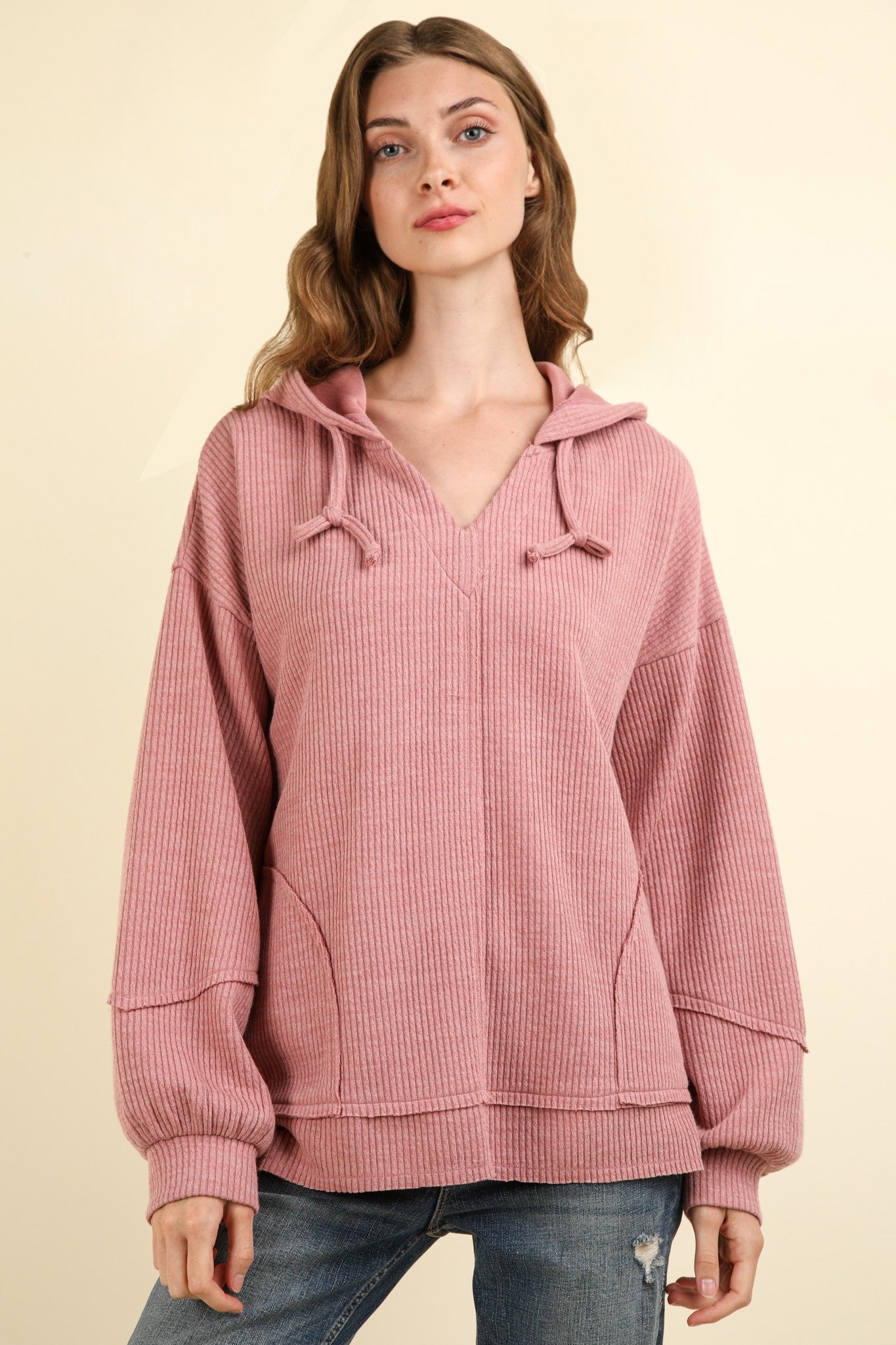 Door Buster * Casual Knit Hoodie Top in Blush (PLUS)