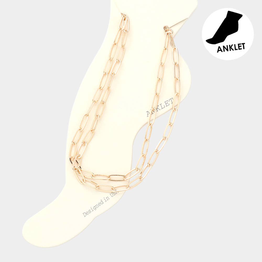 Open Oval Link Layered Anklet