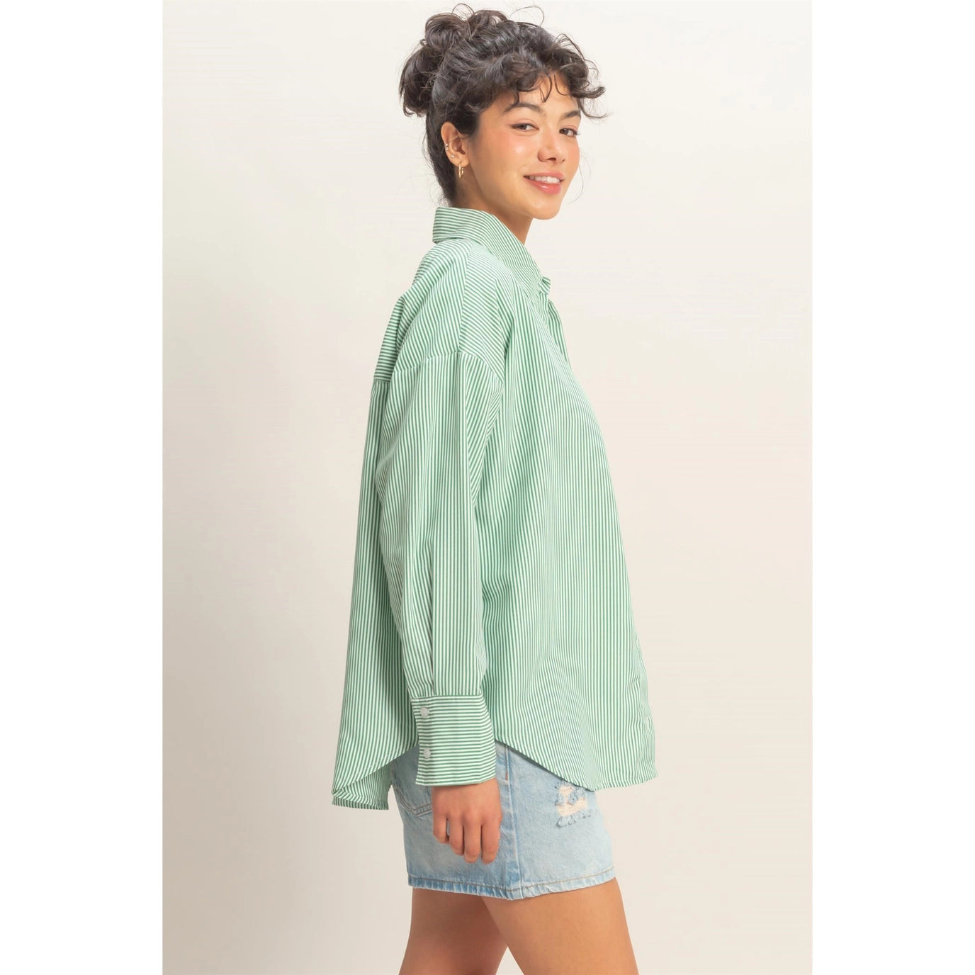 Green Striped Button-Up Top (REG)