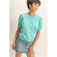 Turquoise Puff Sleeve V-Stitch Top (REG)