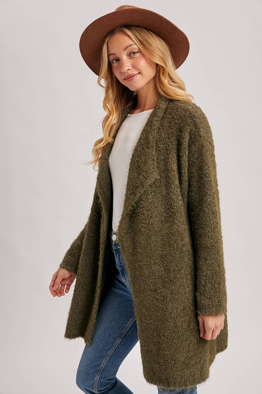 Fuzzy Drape Front Cardigan in Olive (REG)