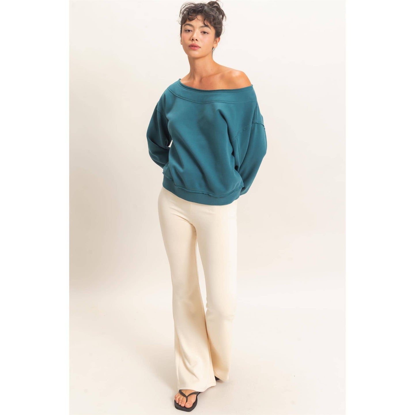 Raw Edge Off Shoulder Sweatshirt in Teal (REG)