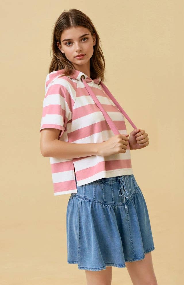 Wide Striped Hoodie Top in Pink (REG)