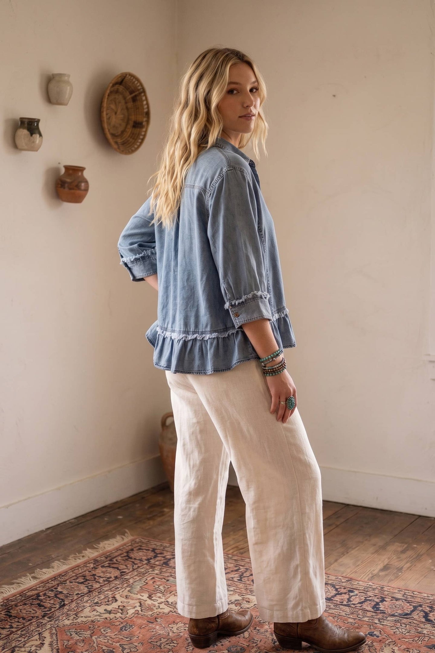 Mineral Wash Ruffle Hem Denim Top (REG)