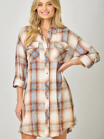 Washed Plaid Shirt Dress in Ivory (REG)