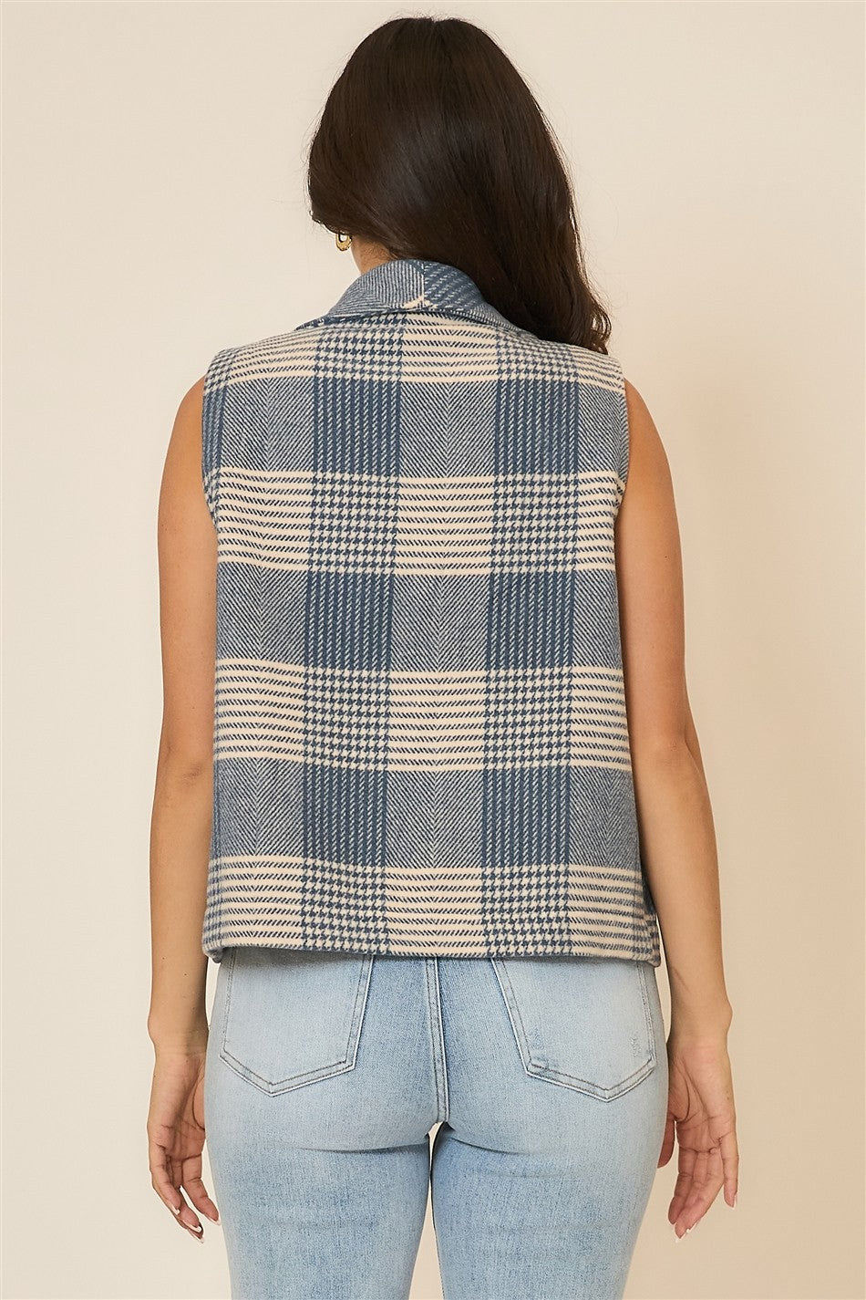 Open Front Plaid Vest in Denim Blue (REG)
