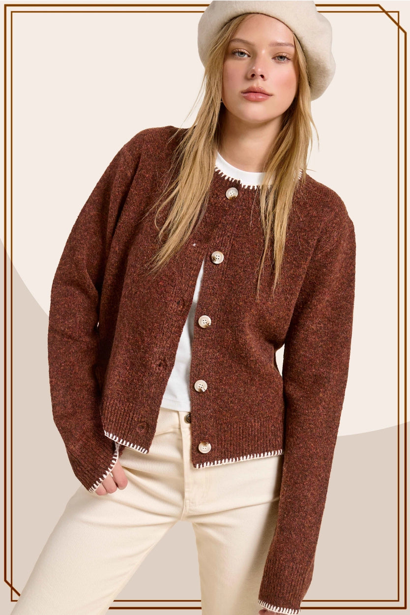 Marble Button Fuzzy Cardigan in Brick (REG)