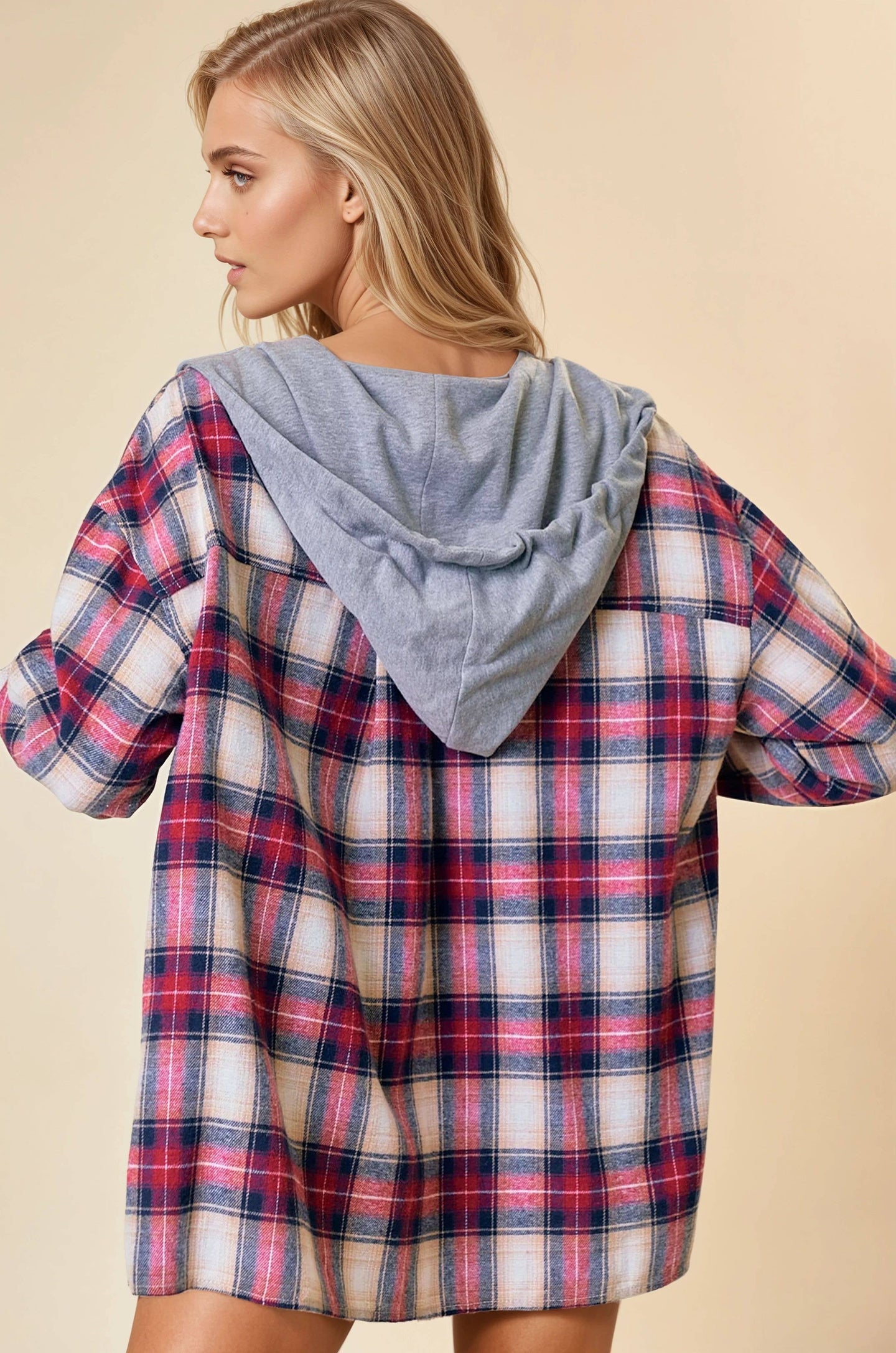 Hooded Plaid Shacket Jacket in Red (REG)