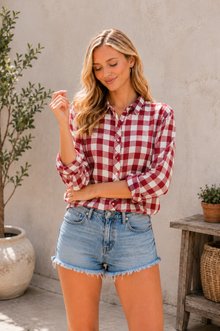 Buffalo Plaid Button Top in Red (REG/PLUS)