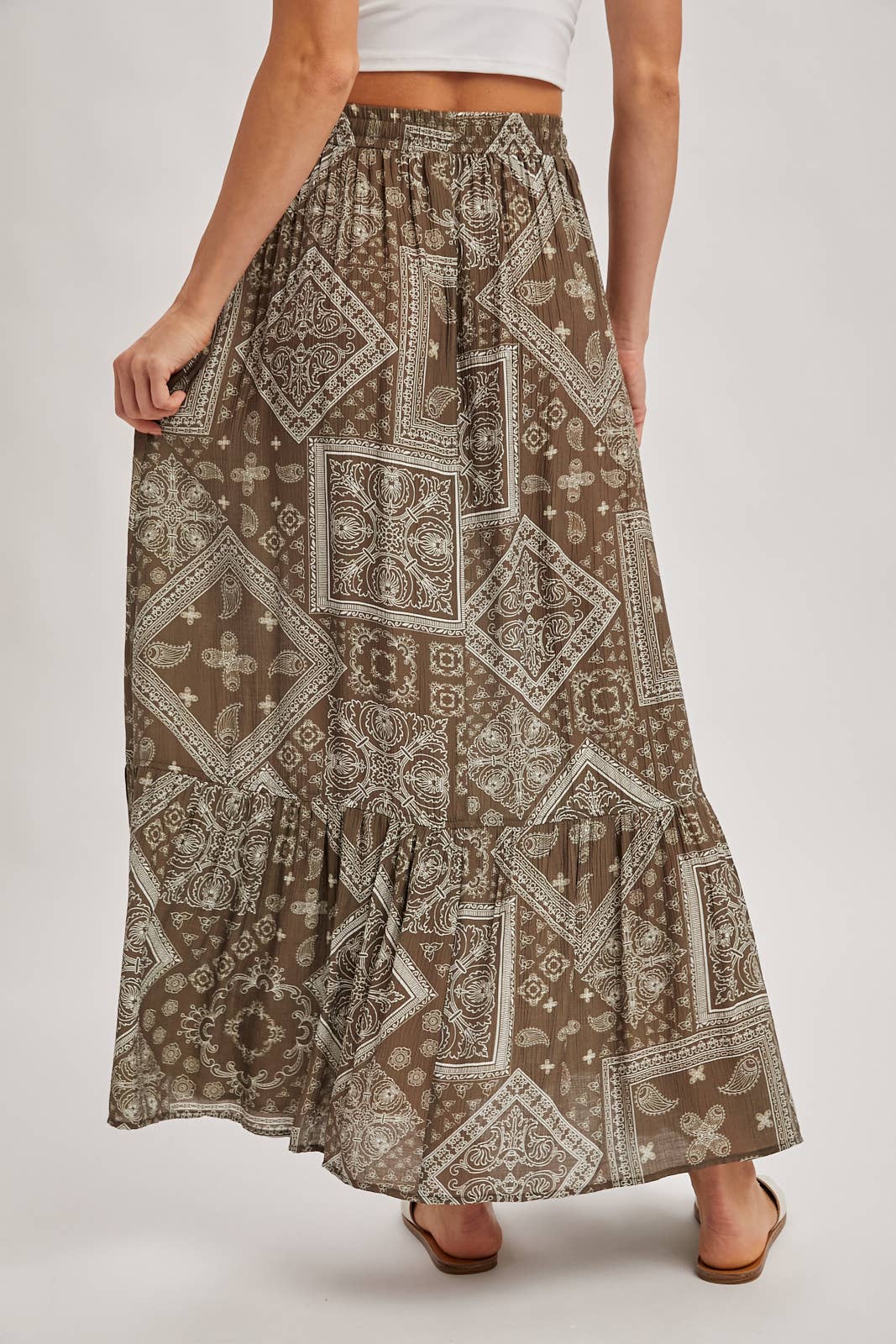 Boho Print Tiered Maxi Skirt in Mocha (REG)