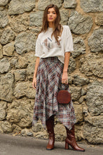 Asymmetrical Frayed Plaid Skirt in Wine/Teal (REG)