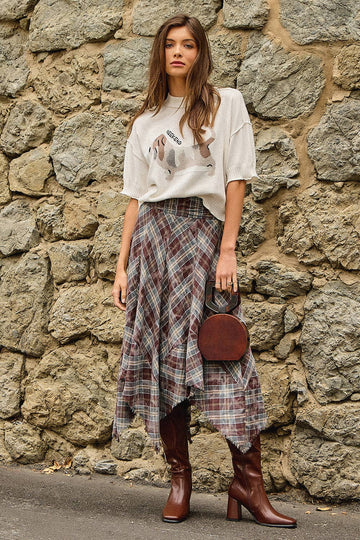 Asymmetrical Frayed Plaid Skirt in Wine/Teal (REG)