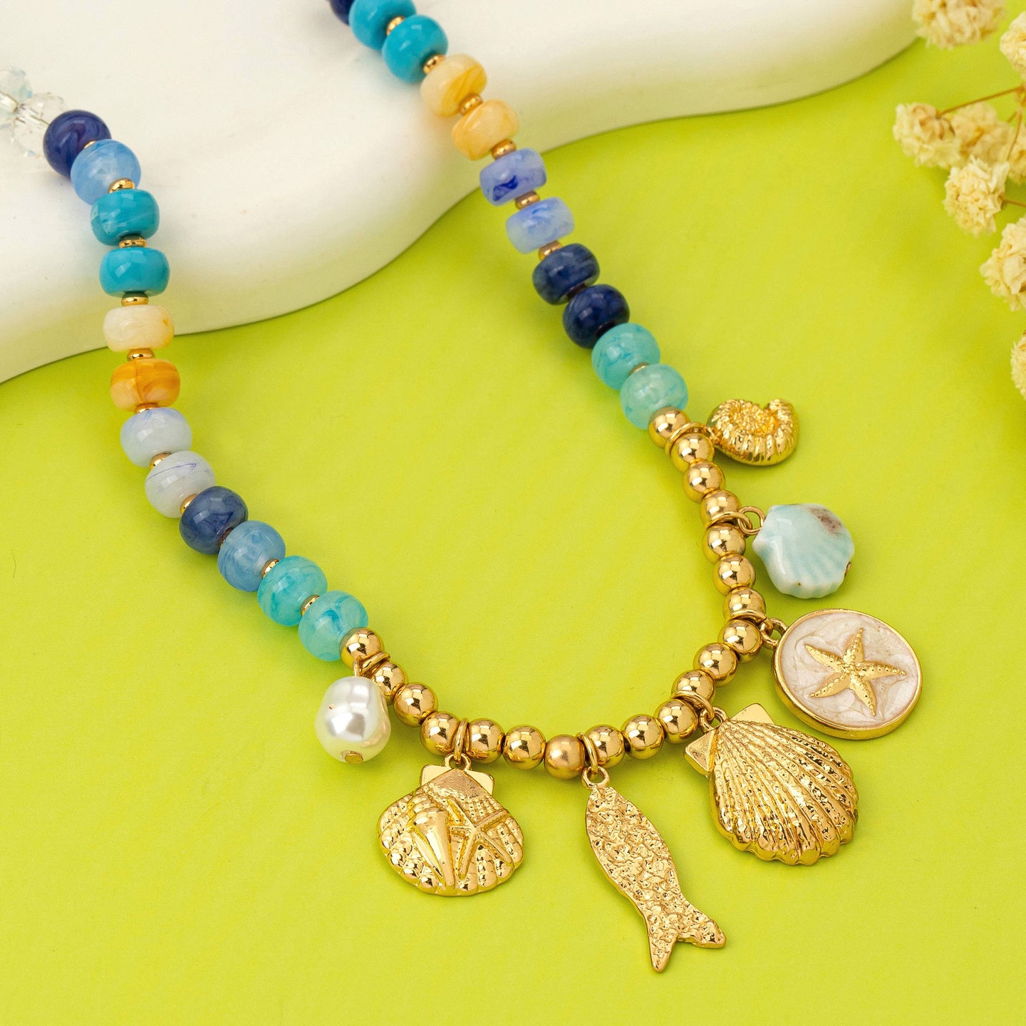 Nautical Blue Beaded Charm Necklace