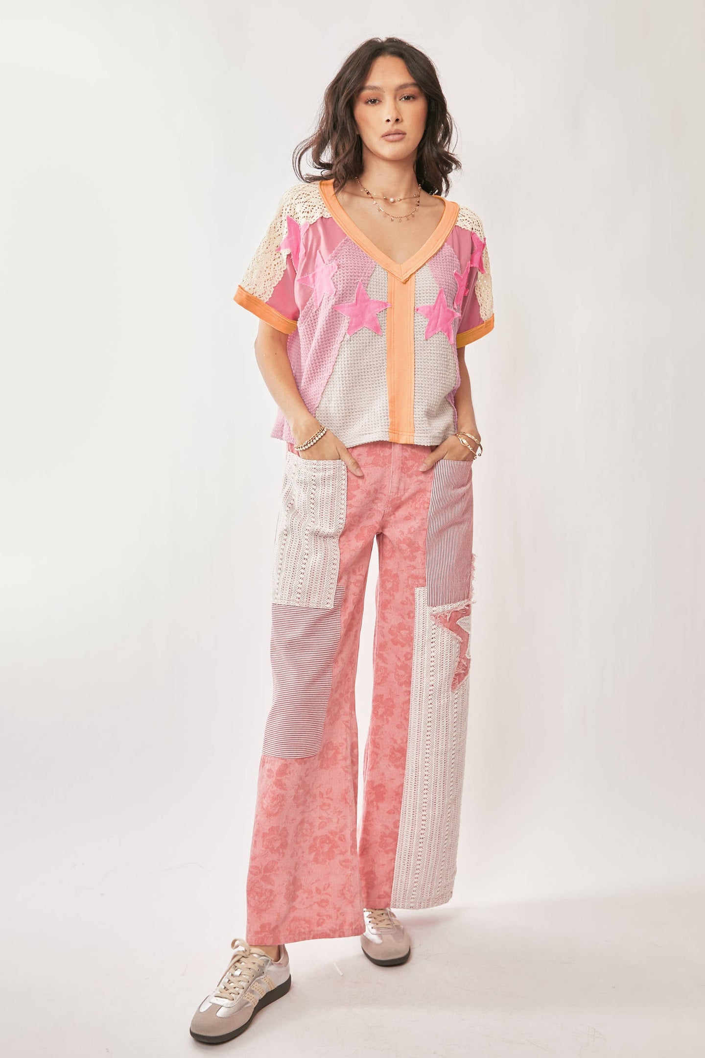 Patchwork Star V-Neck Top in Pink (REG)