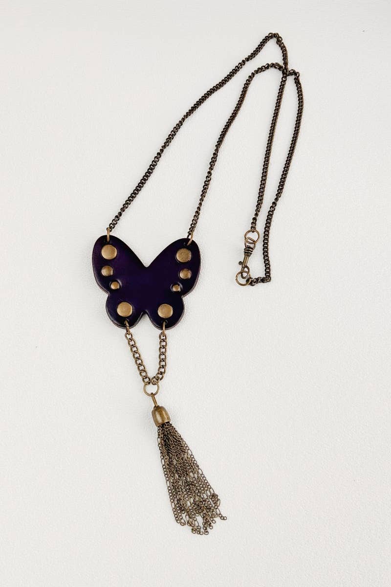Studded Butterfly Fringe Necklace