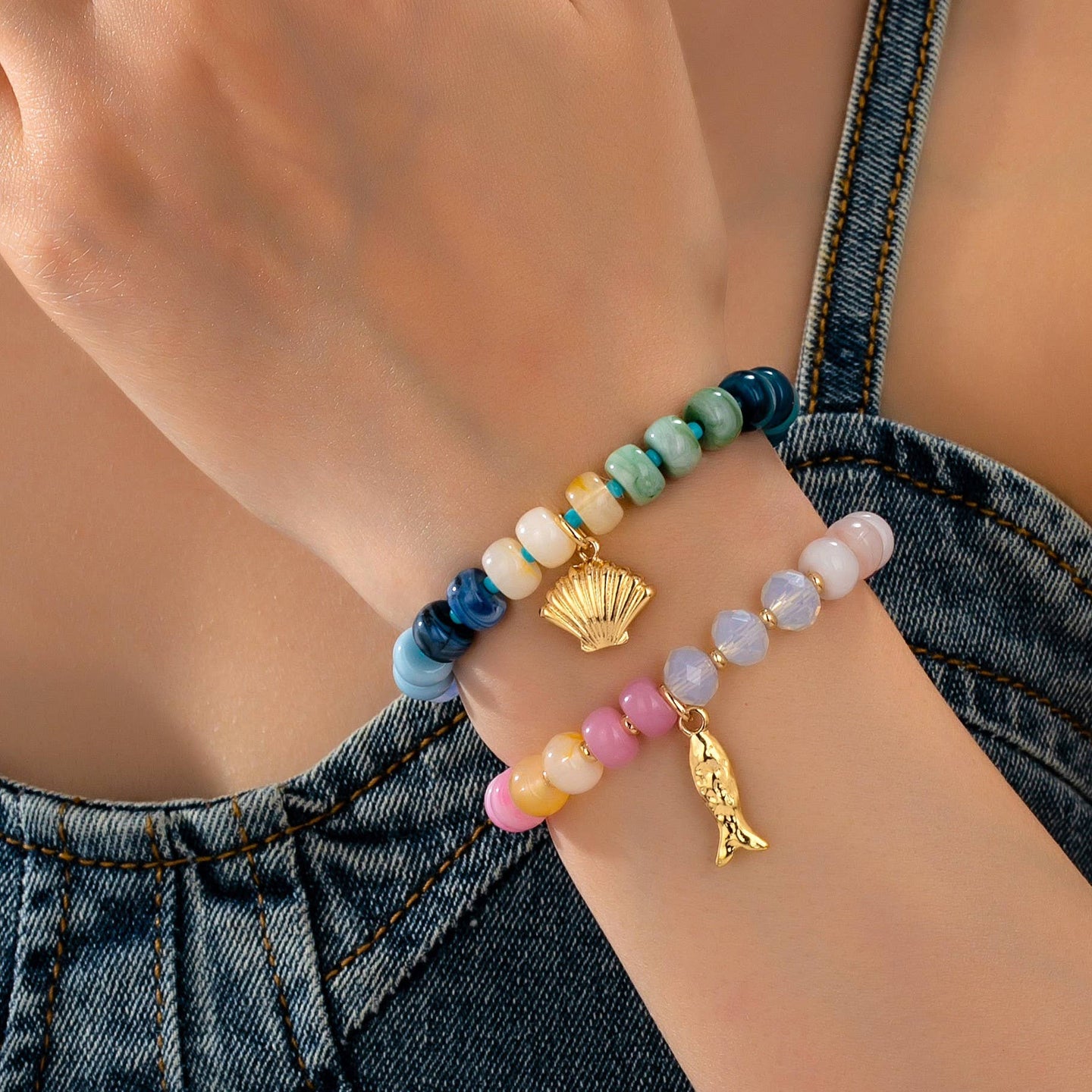 Fish and Shell Beaded Bracelet Set
