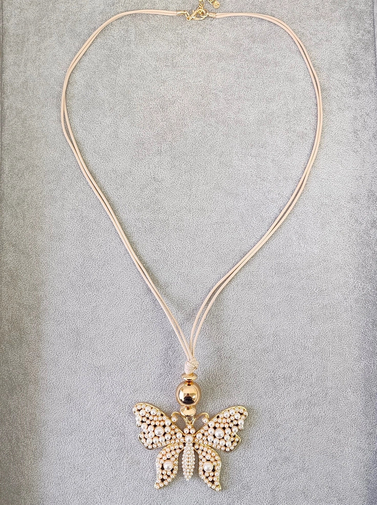 Long Pearl Butterfly Necklace