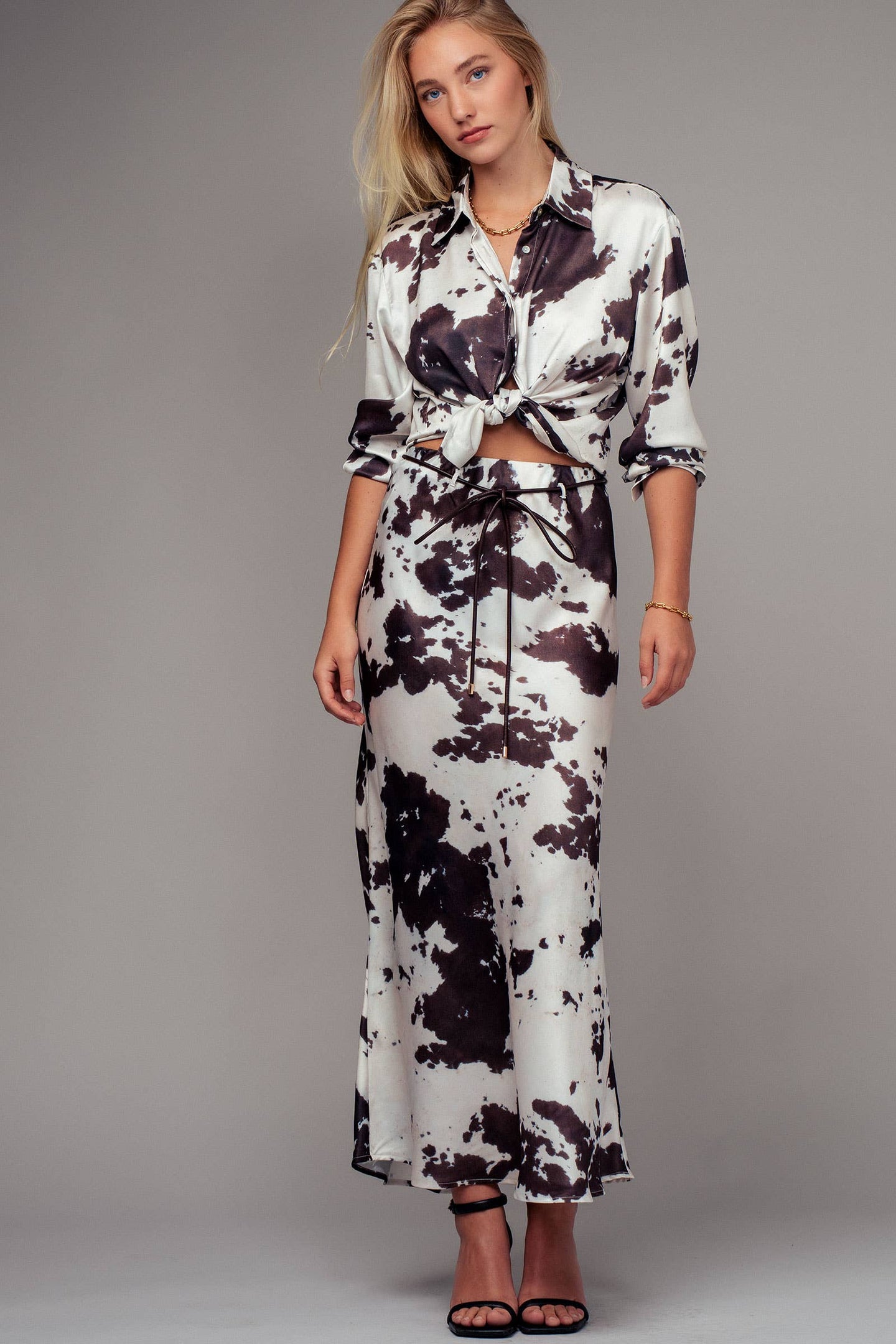 Cow Print Satin Midi Skirt (REG)