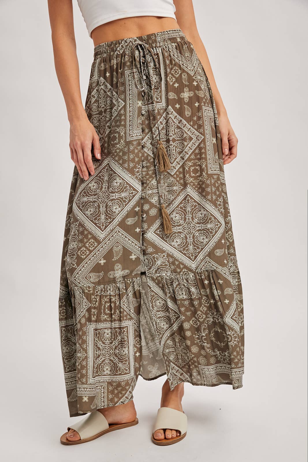 Boho Print Tiered Maxi Skirt in Mocha (REG)