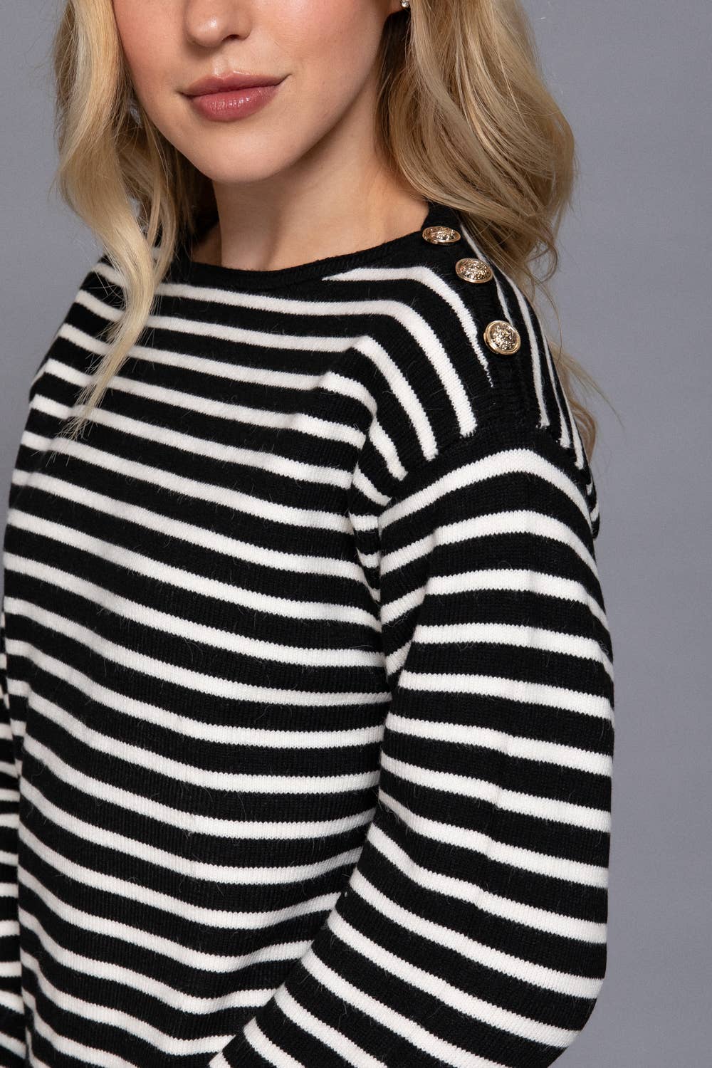 Button Shoulder Striped Top in Black (REG)