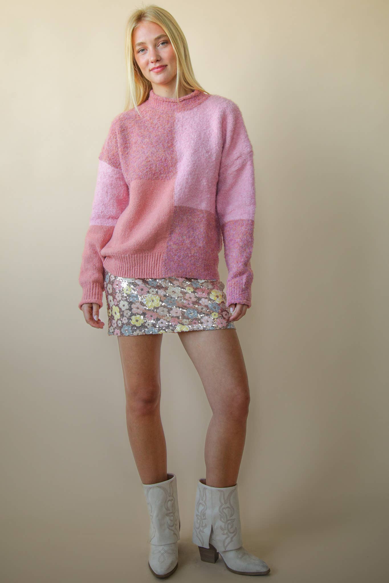 Cozy Color Block Sweater in Pink (REG)