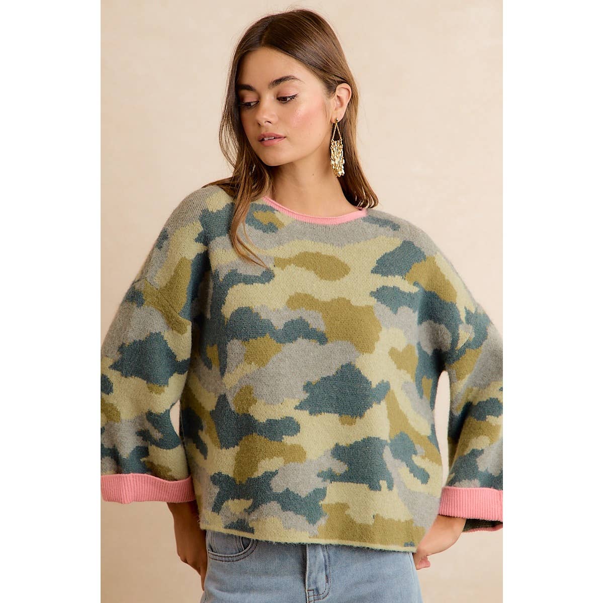 Camo Contrast Roll Sleeve Sweater (REG)