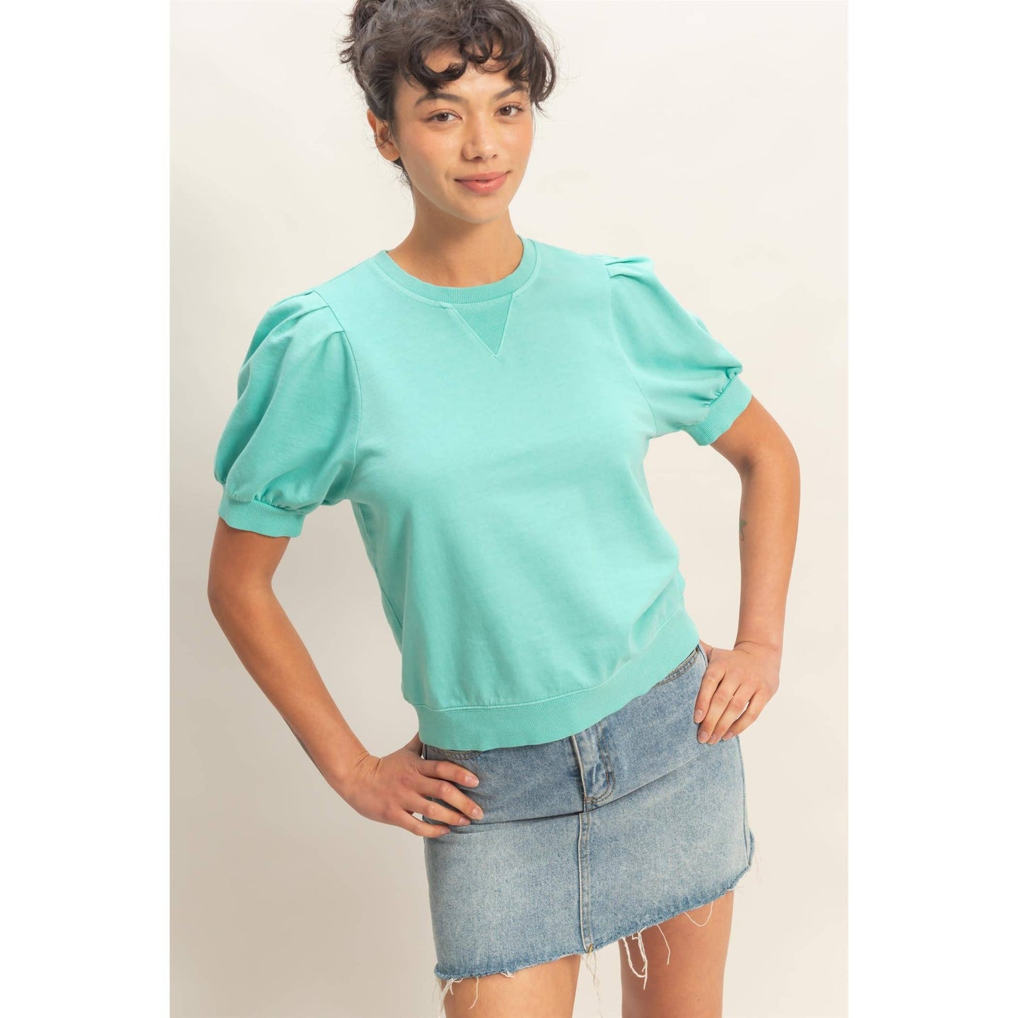 Turquoise Puff Sleeve V-Stitch Top (REG)