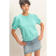 Turquoise Puff Sleeve V-Stitch Top (REG)