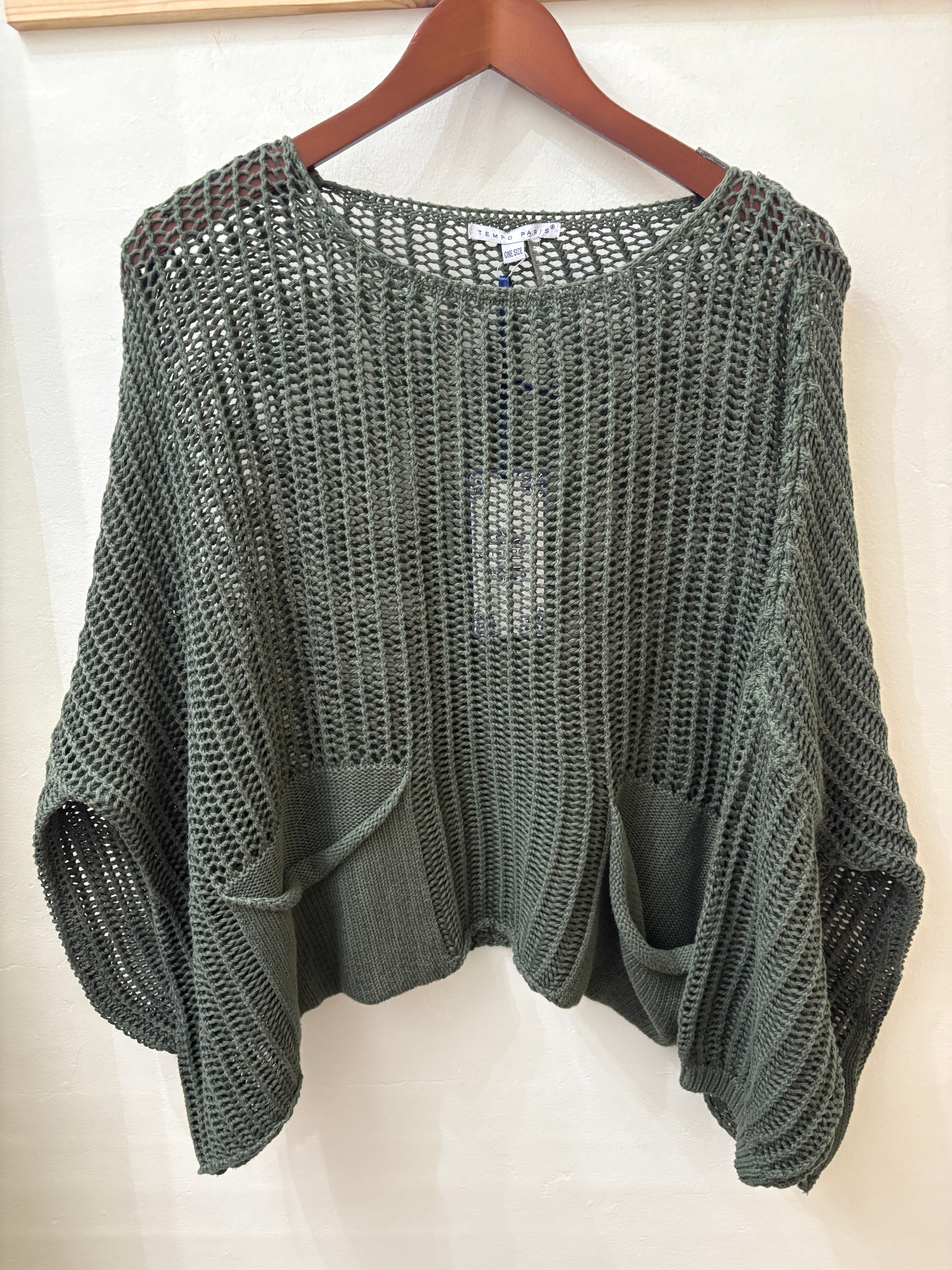 Crochet Pocket Sweater in Olive (REG)
