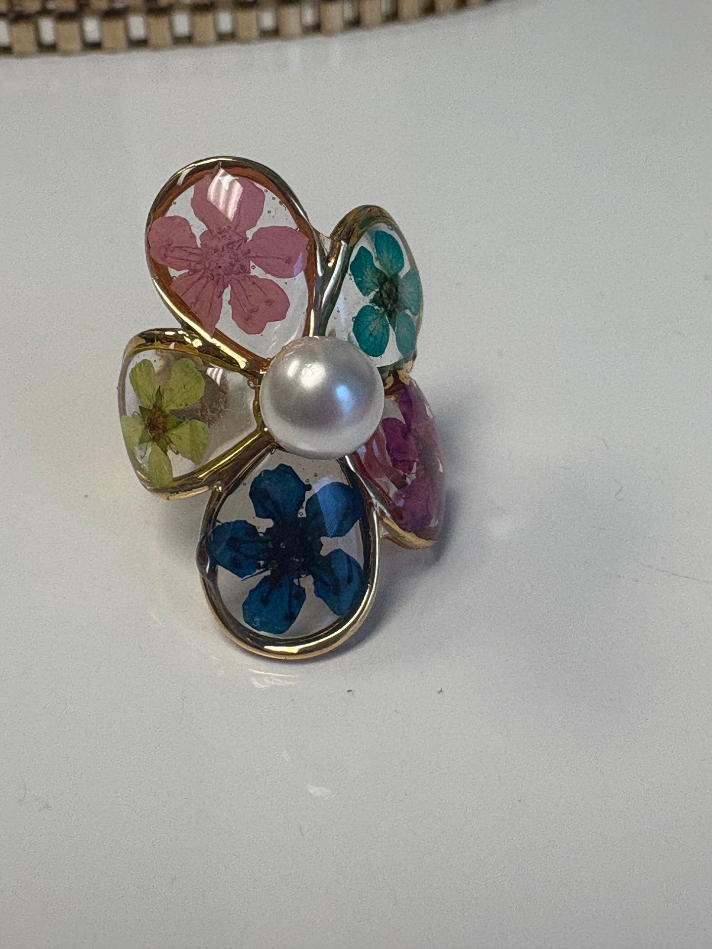 Pressed Flower Pearl Ring