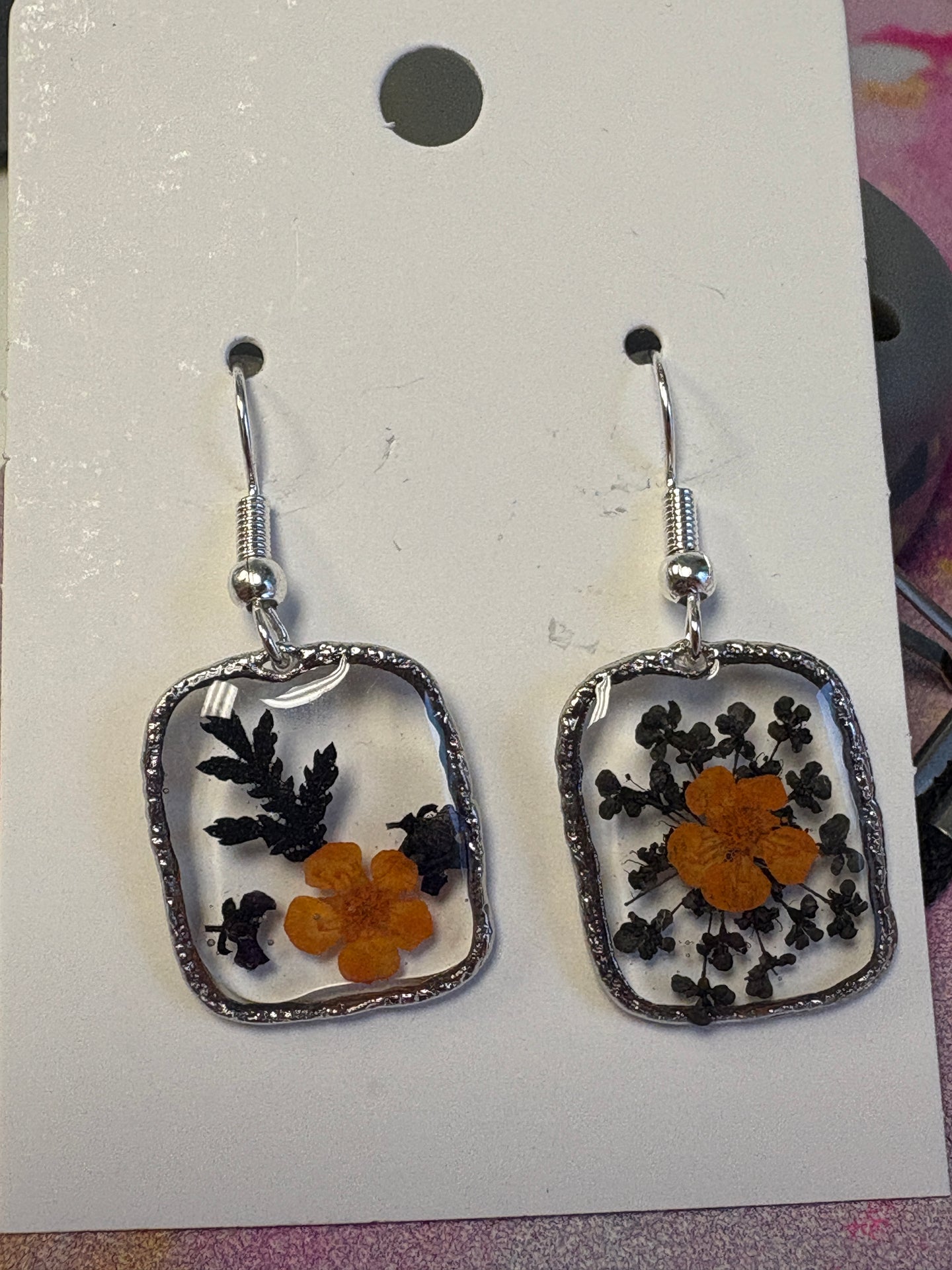 Pressed Orange Flower Square Earrings