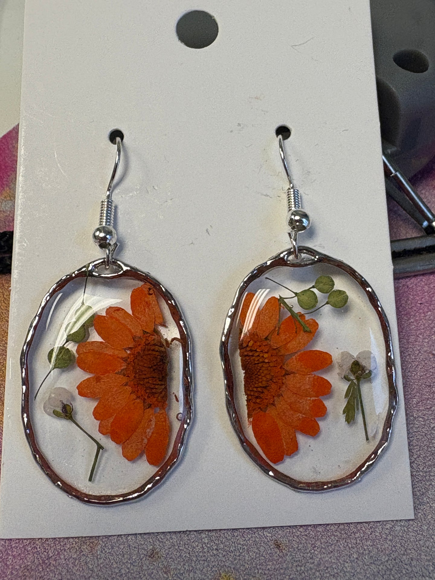 Pressed Orange Flower Oval Earrings