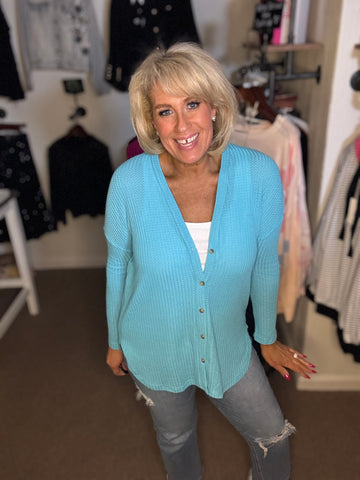 Turquoise Waffle Cardigan