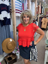 Crochet Contrast Peplum Top in Red (REG)