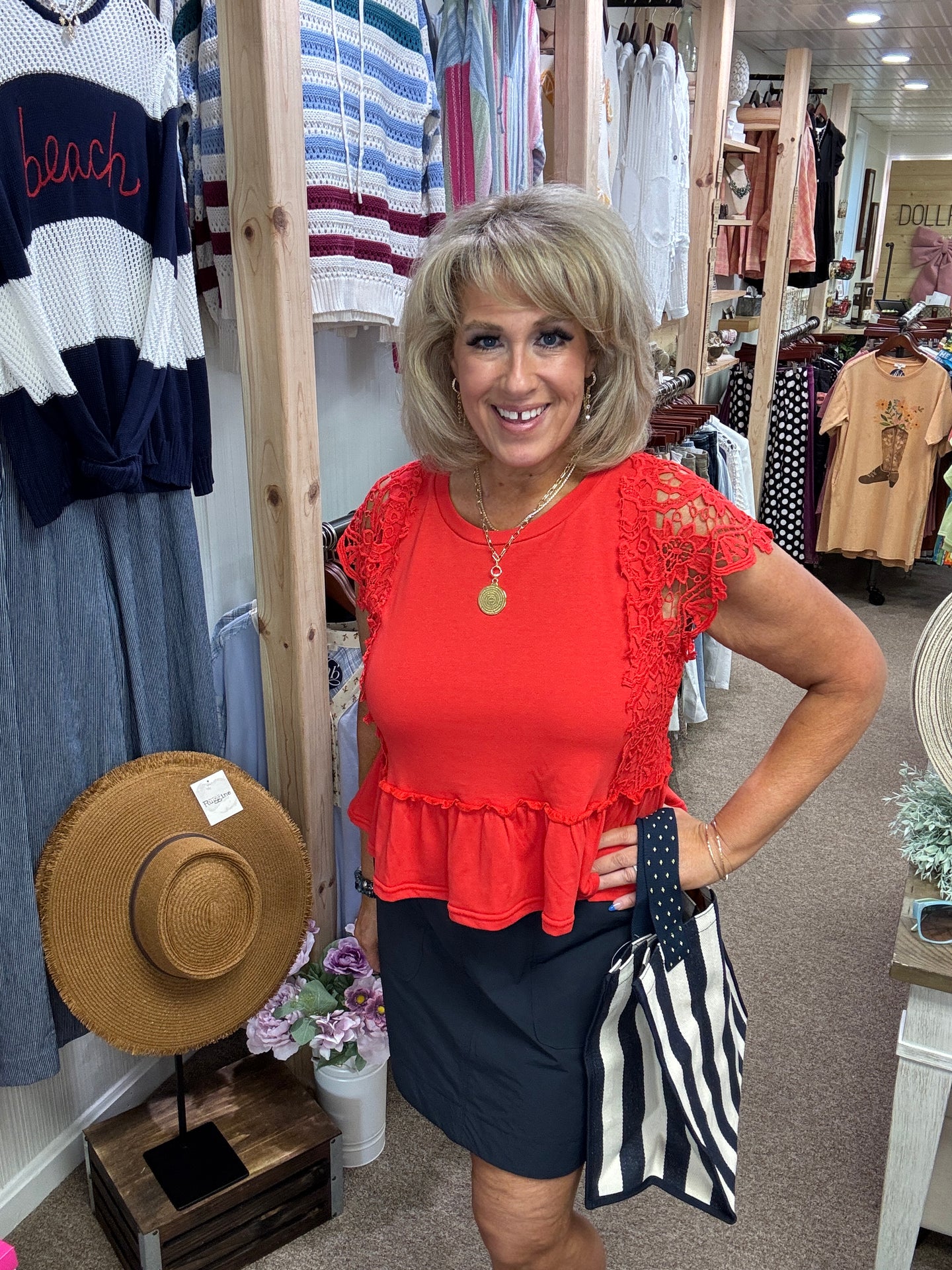 Crochet Contrast Peplum Top in Red (REG)